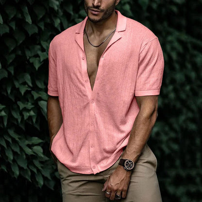 Heren Shirt Korte Mouw met Open Revers Kraag en Knoopsluiting Roze