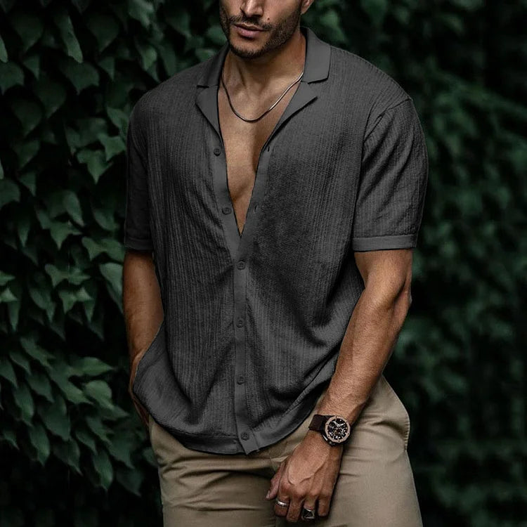 Heren Shirt Korte Mouw met Open Revers Kraag en Knoopsluiting Grijs