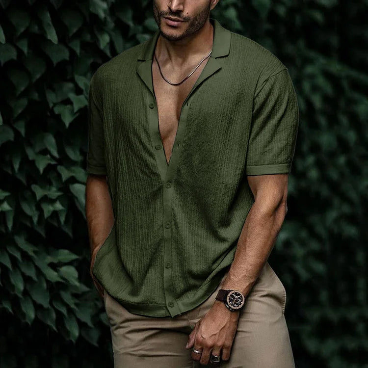Heren Shirt Korte Mouw met Open Revers Kraag en Knoopsluiting Groen