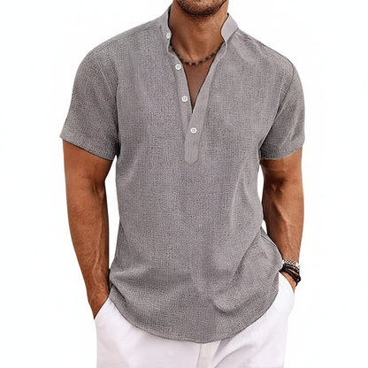 Heren Shirt Korte Mouw met Opstaande Kraag en Henley Knoopsluiting