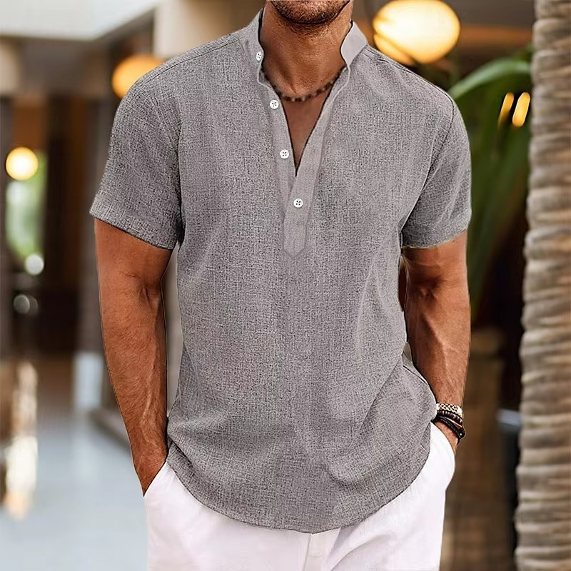 Heren Shirt Korte Mouw met Opstaande Kraag en Henley Knoopsluiting Grijs