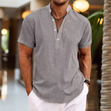 Heren Shirt Korte Mouw met Opstaande Kraag en Henley Knoopsluiting