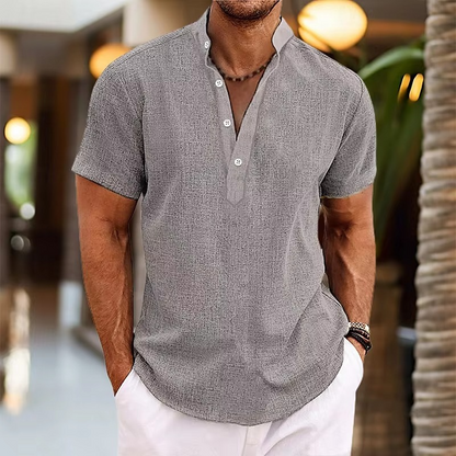 Heren Shirt Korte Mouw met Opstaande Kraag en Henley Knoopsluiting Grijs