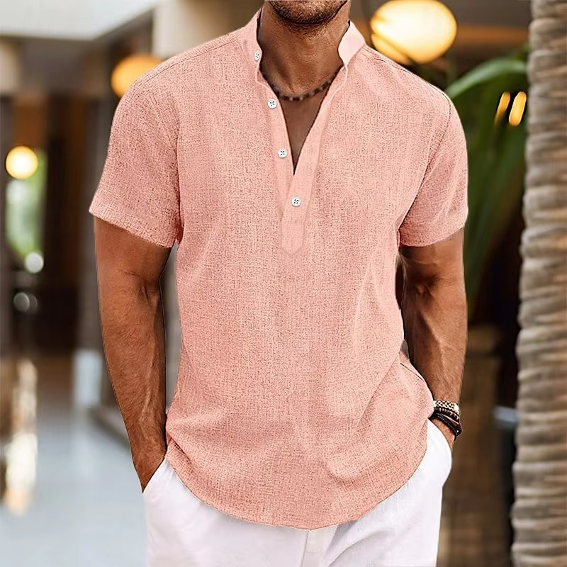 Heren Shirt Korte Mouw met Opstaande Kraag en Henley Knoopsluiting Roze
