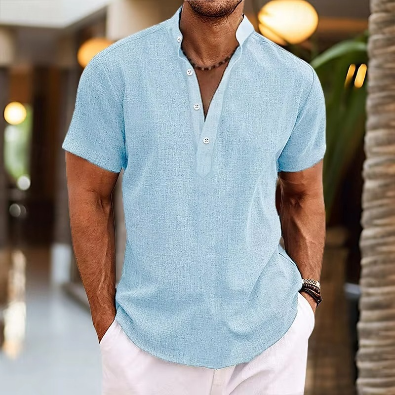 Heren Shirt Korte Mouw met Opstaande Kraag en Henley Knoopsluiting Lichtblauw