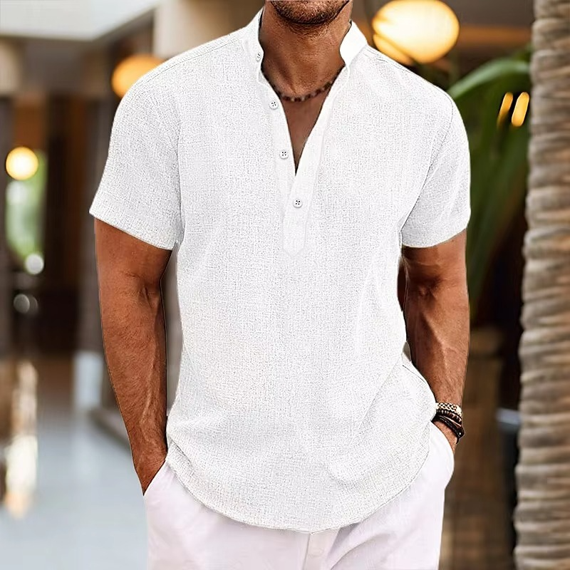 Heren Shirt Korte Mouw met Opstaande Kraag en Henley Knoopsluiting Wit