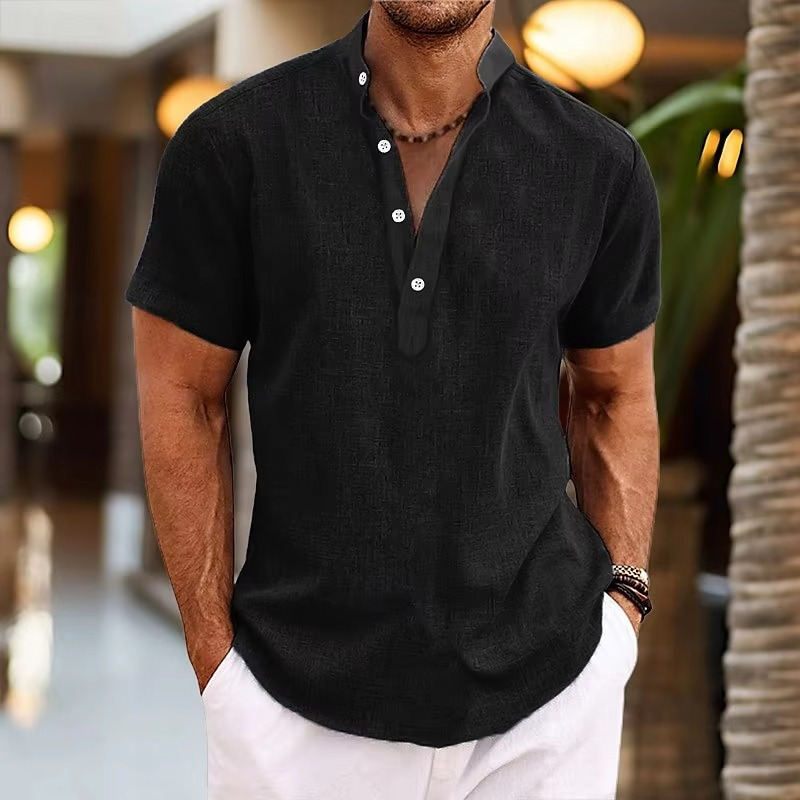 Heren Shirt Korte Mouw met Opstaande Kraag en Henley Knoopsluiting Zwart