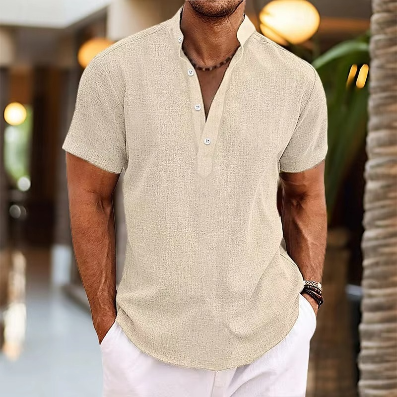 Heren Shirt Korte Mouw met Opstaande Kraag en Henley Knoopsluiting Beige