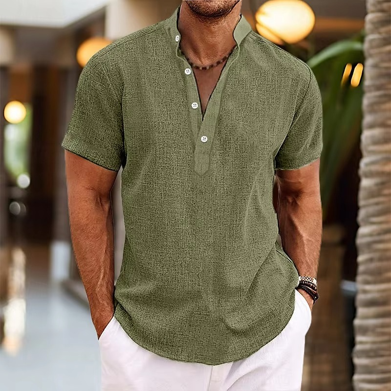 Heren Shirt Korte Mouw met Opstaande Kraag en Henley Knoopsluiting Groen