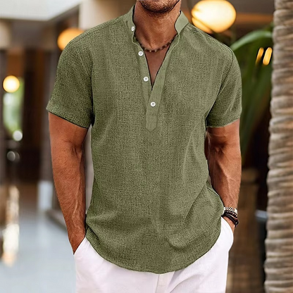 Heren Shirt Korte Mouw met Opstaande Kraag en Henley Knoopsluiting Groen