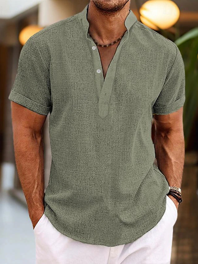 Heren Shirt Korte Mouw met Opstaande Kraag en V-hals