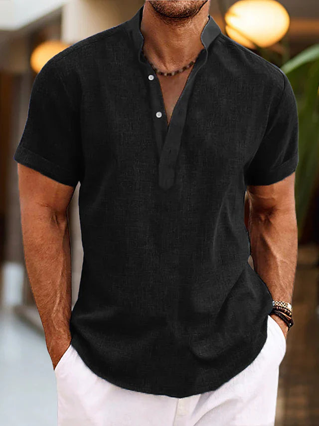 Heren Shirt Korte Mouw met Opstaande Kraag en V-hals