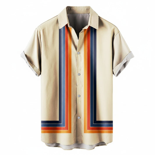 Heren Shirt Korte Mouw met Retro Streepprint en Klassieke Kraag