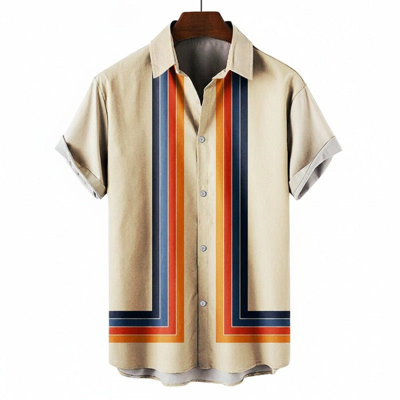 Heren Shirt Korte Mouw met Retro Streepprint en Klassieke Kraag