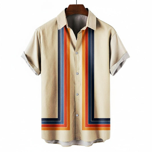 Heren Shirt Korte Mouw met Retro Streepprint en Klassieke Kraag