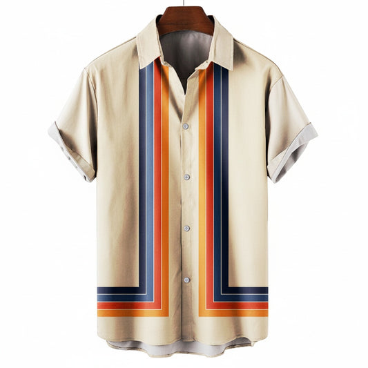 Heren Shirt Korte Mouw met Retro Streepprint en Klassieke Kraag