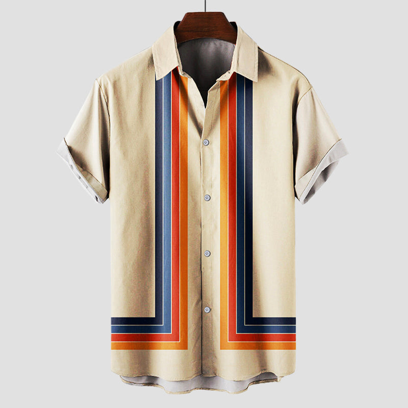 Heren Shirt Korte Mouw met Retro Streepprint en Klassieke Kraag Beige