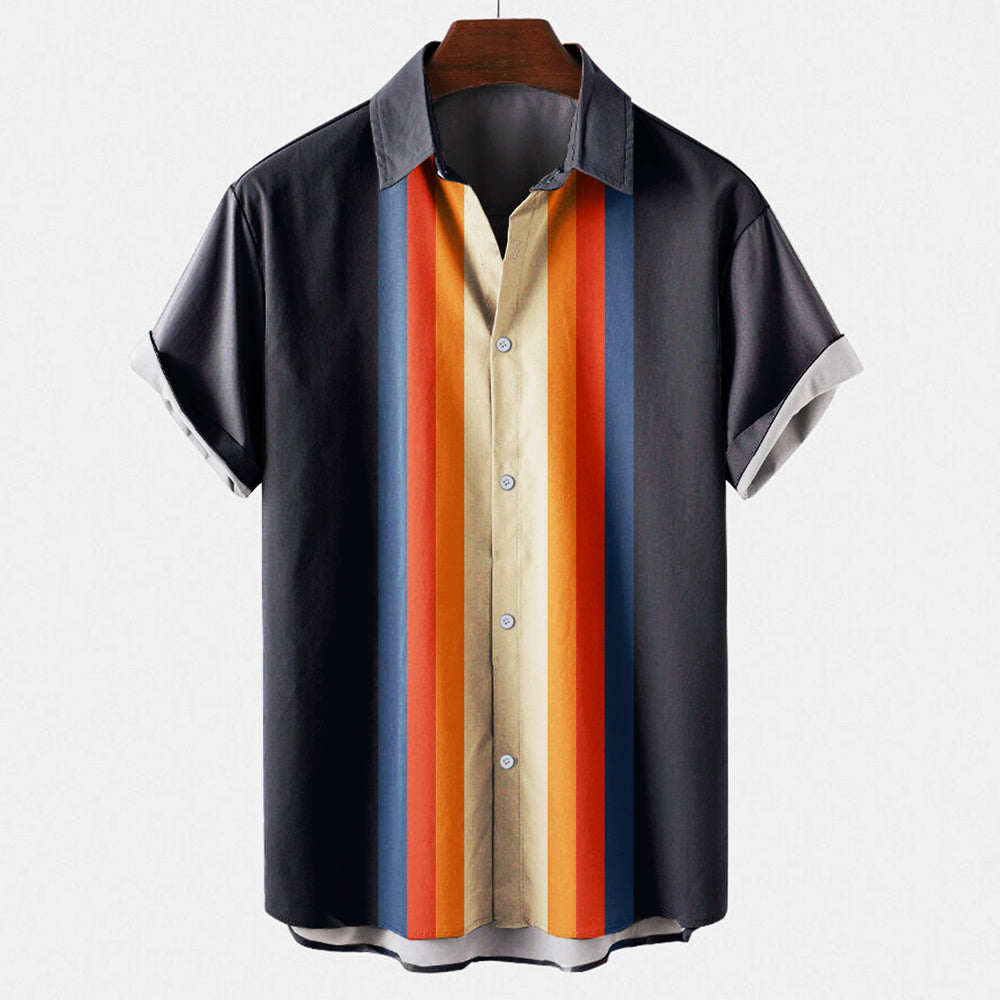 Heren Shirt Korte Mouw met Retro Streepprint en Klassieke Kraag Zwart