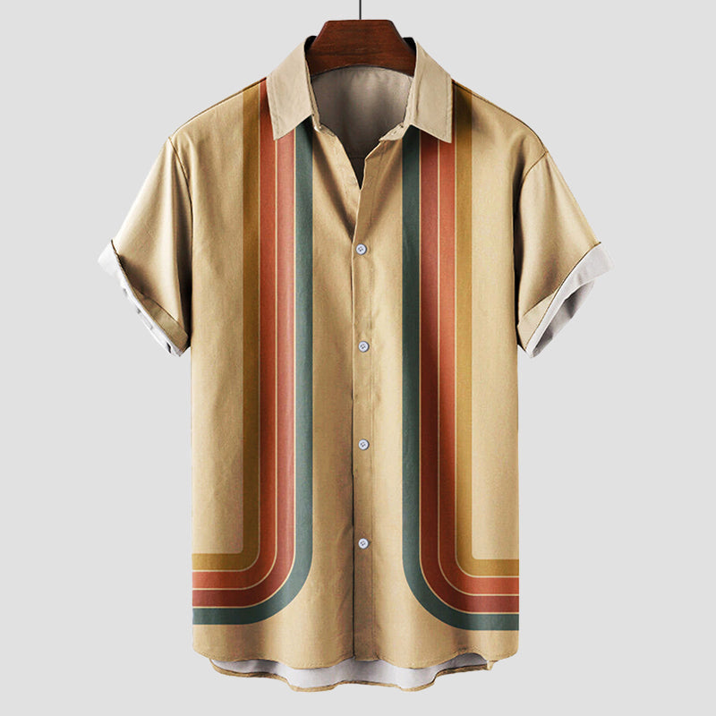 Heren Shirt Korte Mouw met Retro Streepprint en Klassieke Kraag Khaki