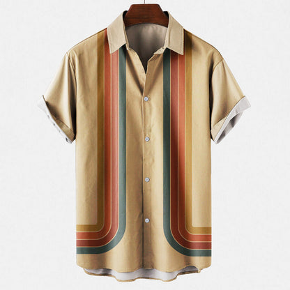 Heren Shirt Korte Mouw met Retro Streepprint en Klassieke Kraag Bruin
