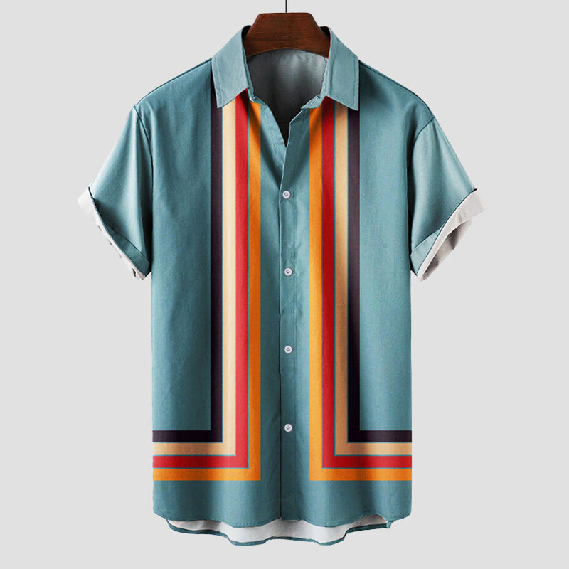 Heren Shirt Korte Mouw met Retro Streepprint en Klassieke Kraag Blauw