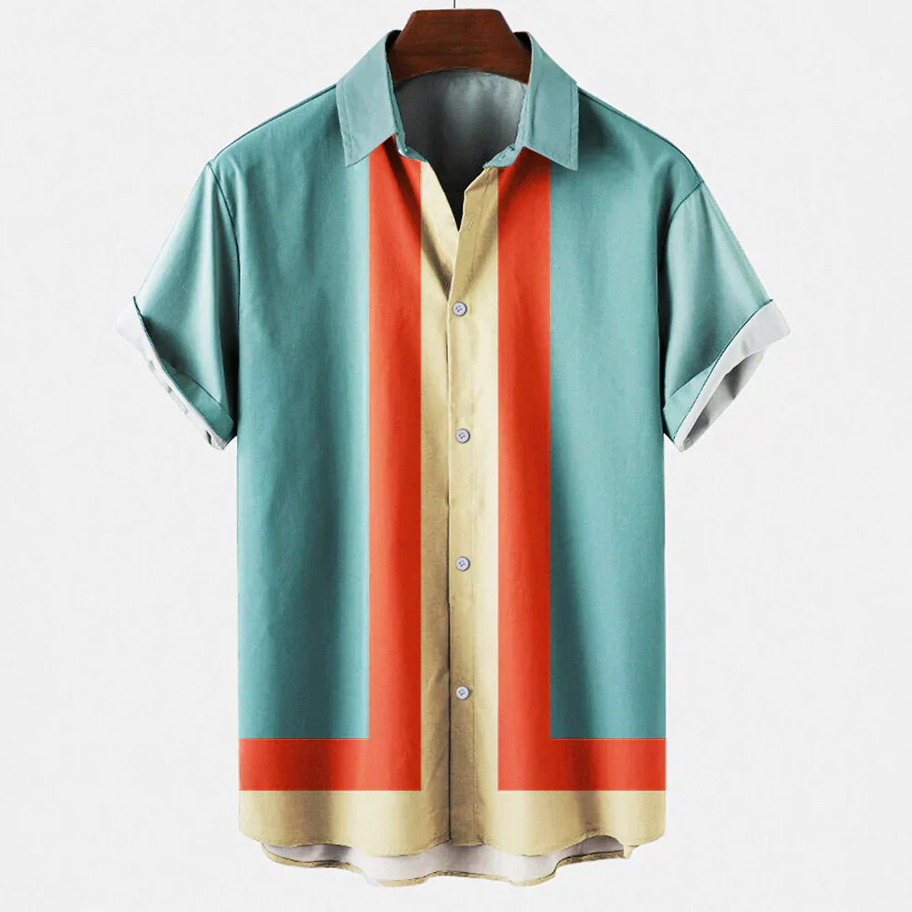 Heren Shirt Korte Mouw met Retro Streepprint en Klassieke Kraag Turquoise