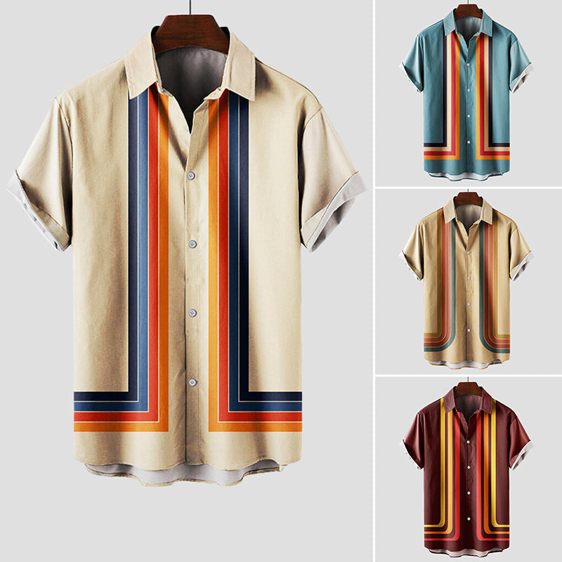 Heren Shirt Korte Mouw met Retro Streepprint en Klassieke Kraag