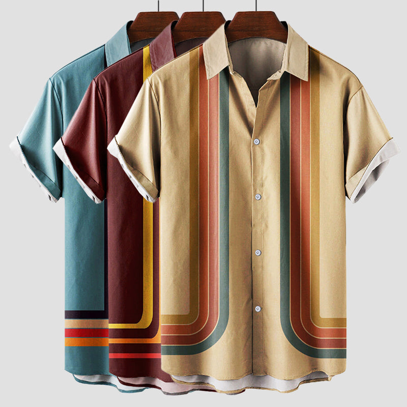 Heren Shirt Korte Mouw met Retro Streepprint en Klassieke Kraag