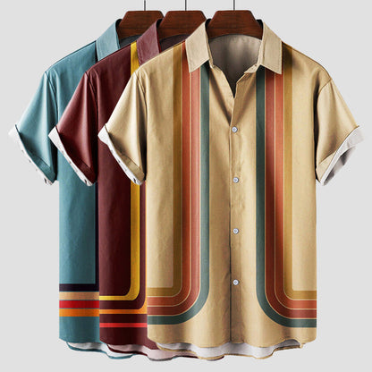 Heren Shirt Korte Mouw met Retro Streepprint en Klassieke Kraag
