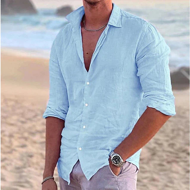 Heren Shirt Lange Mouw met Klassieke Kraag en Knoopsluiting Blauw