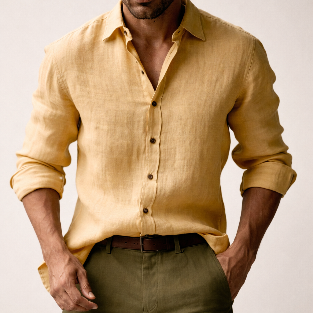 Heren Shirt Lange Mouw met Klassieke Kraag en Knoopsluiting Geel