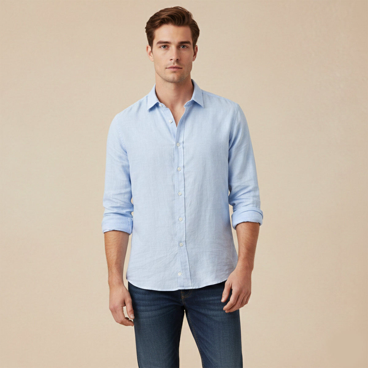 Heren Shirt Lange Mouw met Klassieke Kraag en Knoopsluiting Lichtblauw