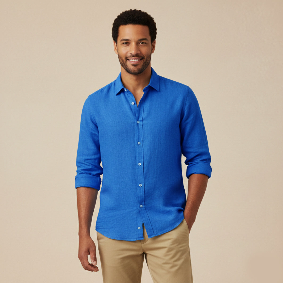 Heren Shirt Lange Mouw met Klassieke Kraag en Knoopsluiting Koningsblauw