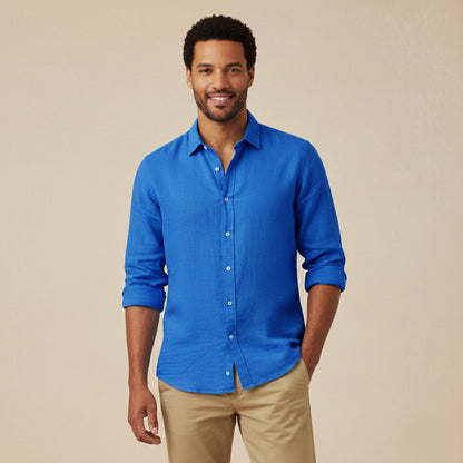 Heren Shirt Lange Mouw met Klassieke Kraag en Knoopsluiting Koningsblauw