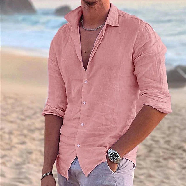 Heren Shirt Lange Mouw met Klassieke Kraag en Knoopsluiting Roze