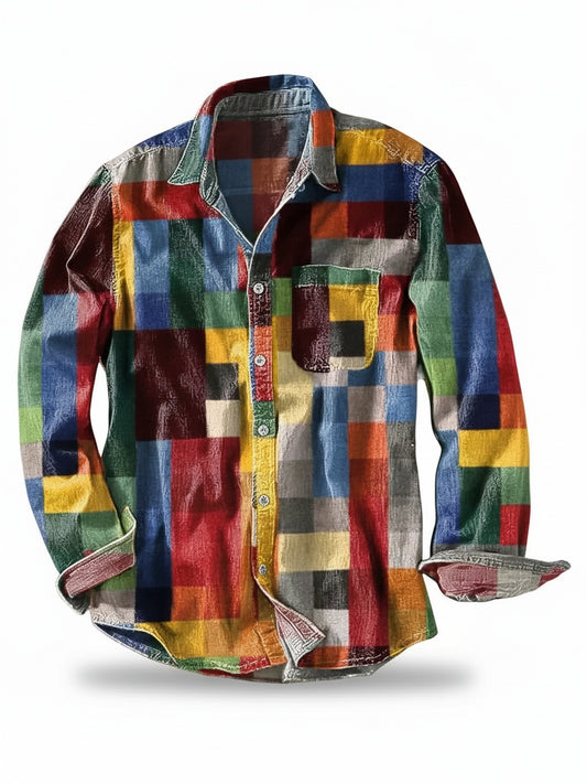 Heren Shirt Lange Mouw met Kleurrijk Patchwork Ruitdesign en Borstzakje