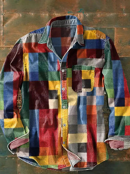Heren Shirt Lange Mouw met Kleurrijk Patchwork Ruitdesign en Borstzakje Rood