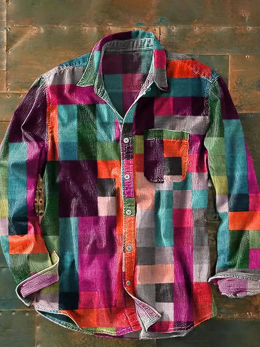 Heren Shirt Lange Mouw met Kleurrijk Patchwork Ruitdesign en Borstzakje Roze
