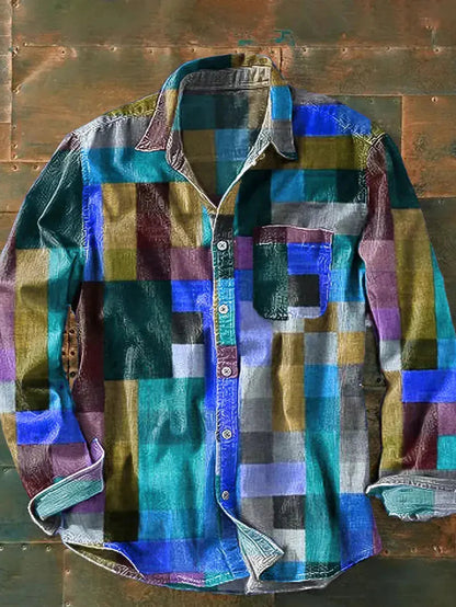 Heren Shirt Lange Mouw met Kleurrijk Patchwork Ruitdesign en Borstzakje Blauw
