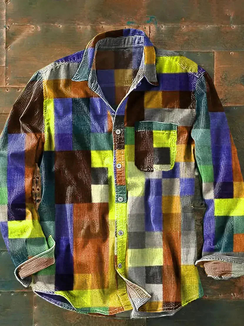 Heren Shirt Lange Mouw met Kleurrijk Patchwork Ruitdesign en Borstzakje Geel