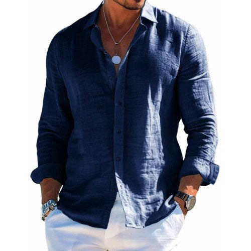 Heren Shirt Lange Mouw met Knoopsluiting en Relaxed Fit Marineblauw