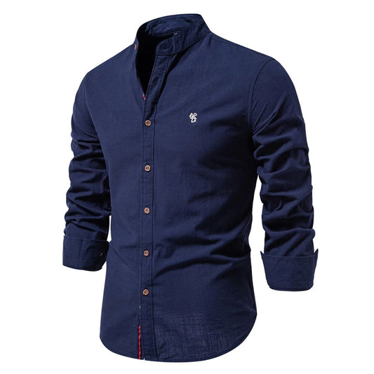 Heren Shirt Lange Mouw met Staande Kraag en Knoopsluiting