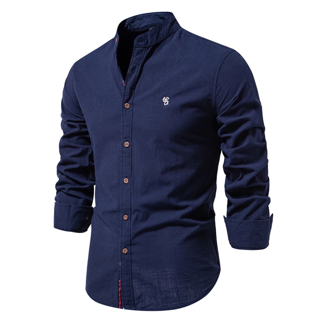 Heren Shirt Lange Mouw met Staande Kraag en Knoopsluiting Marineblauw