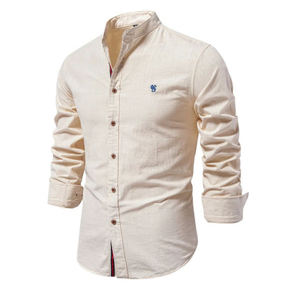 Heren Shirt Lange Mouw met Staande Kraag en Knoopsluiting Beige