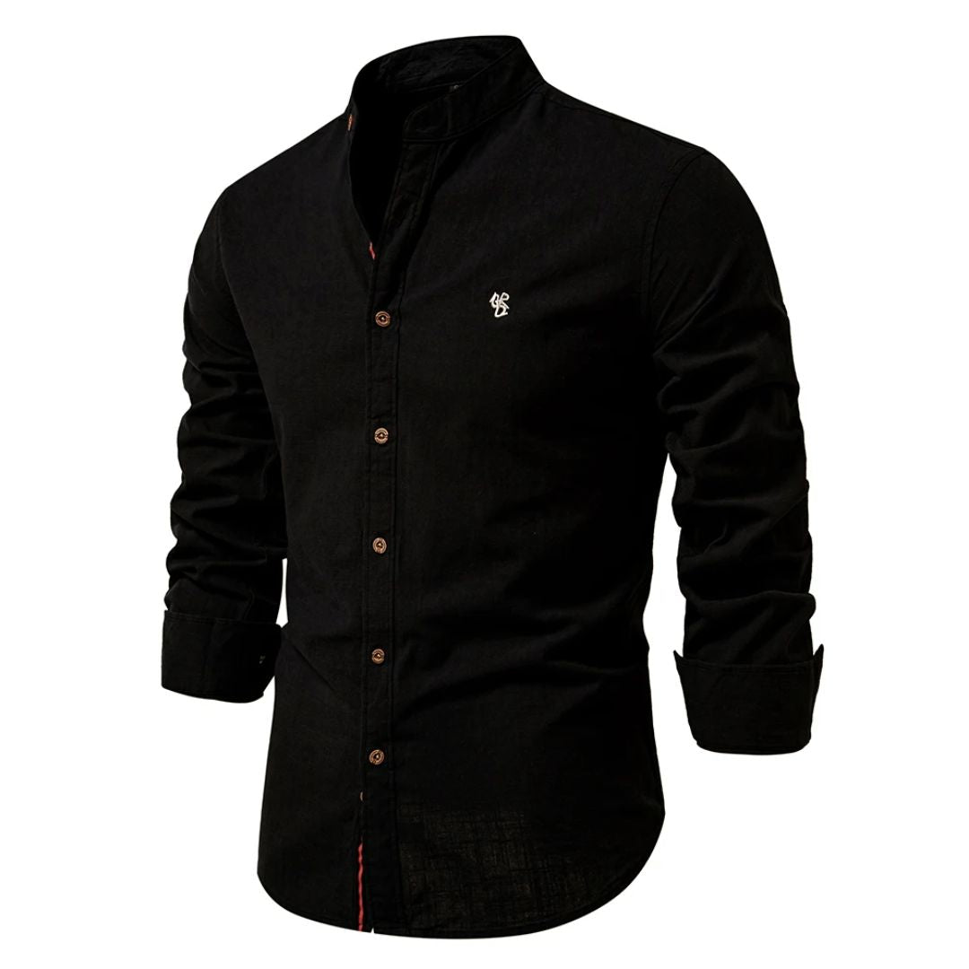 Heren Shirt Lange Mouw met Staande Kraag en Knoopsluiting Zwart