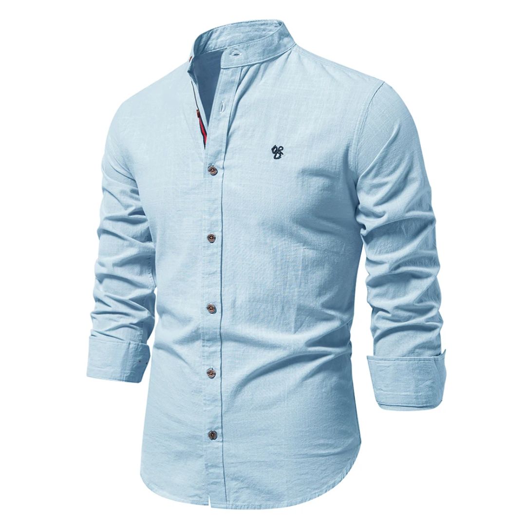 Heren Shirt Lange Mouw met Staande Kraag en Knoopsluiting Lichtblauw