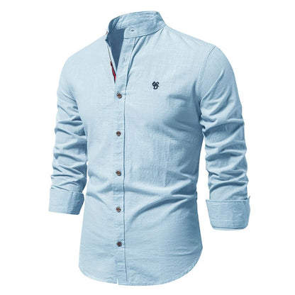 Heren Shirt Lange Mouw met Staande Kraag en Knoopsluiting Lichtblauw