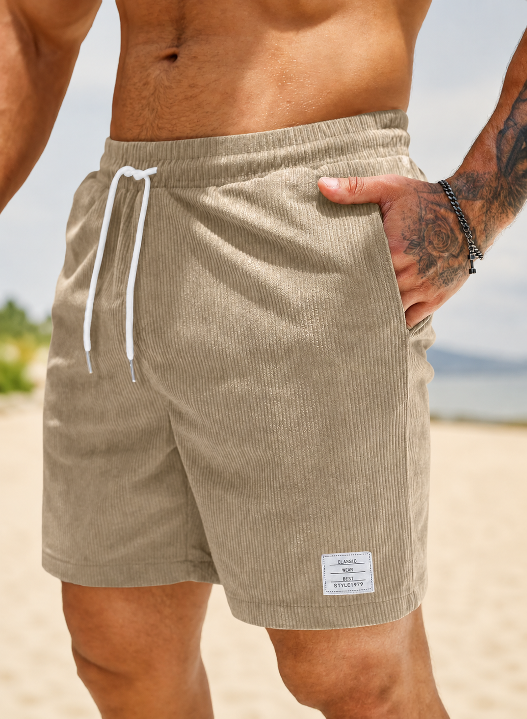 Heren Shorts met Elastische Taille en Koordjes, Relaxed Fit Beige