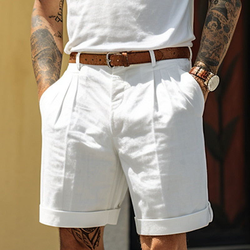 Heren Shorts met Plooien, Relaxed Fit en Omgeslagen Zoom Wit