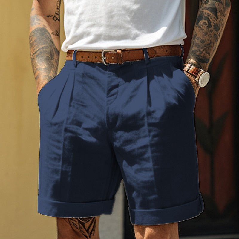 Heren Shorts met Plooien, Relaxed Fit en Omgeslagen Zoom Blauw